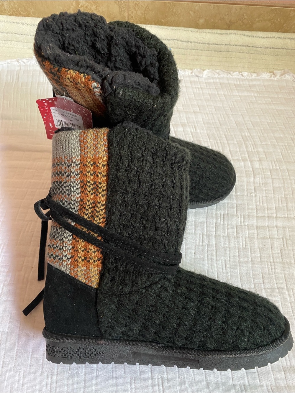 MUK LUKS Women's Black Knit Boot with Brown Accent